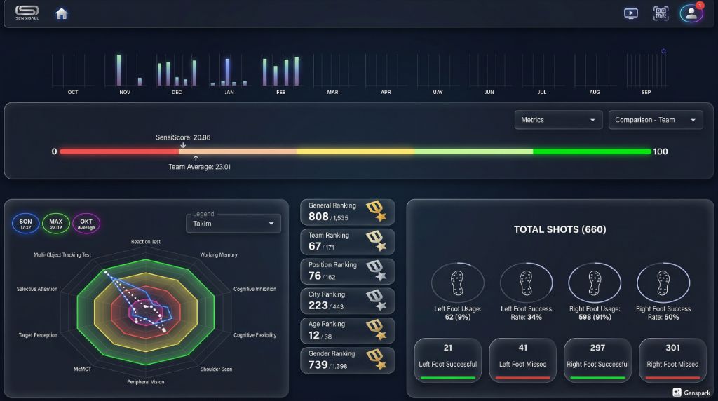 SensiBallVR cognitive performance dashboard — SensiScore, reaction time, accuracy, ranking and shot analysis