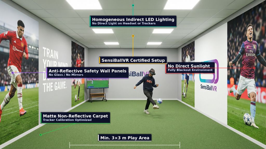 SensiBallVR Optimal Training Environment — certified setup with LED lighting, safety panels and 3x3m play area