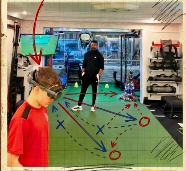 Young athlete wearing VR headset during cognitive performance training session with coach